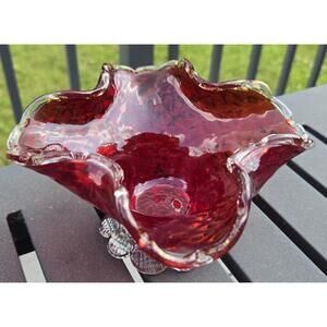 Antique Murano Glass Red Amberina Bowl 4 Petal Diamond Gold Flake 6.25"